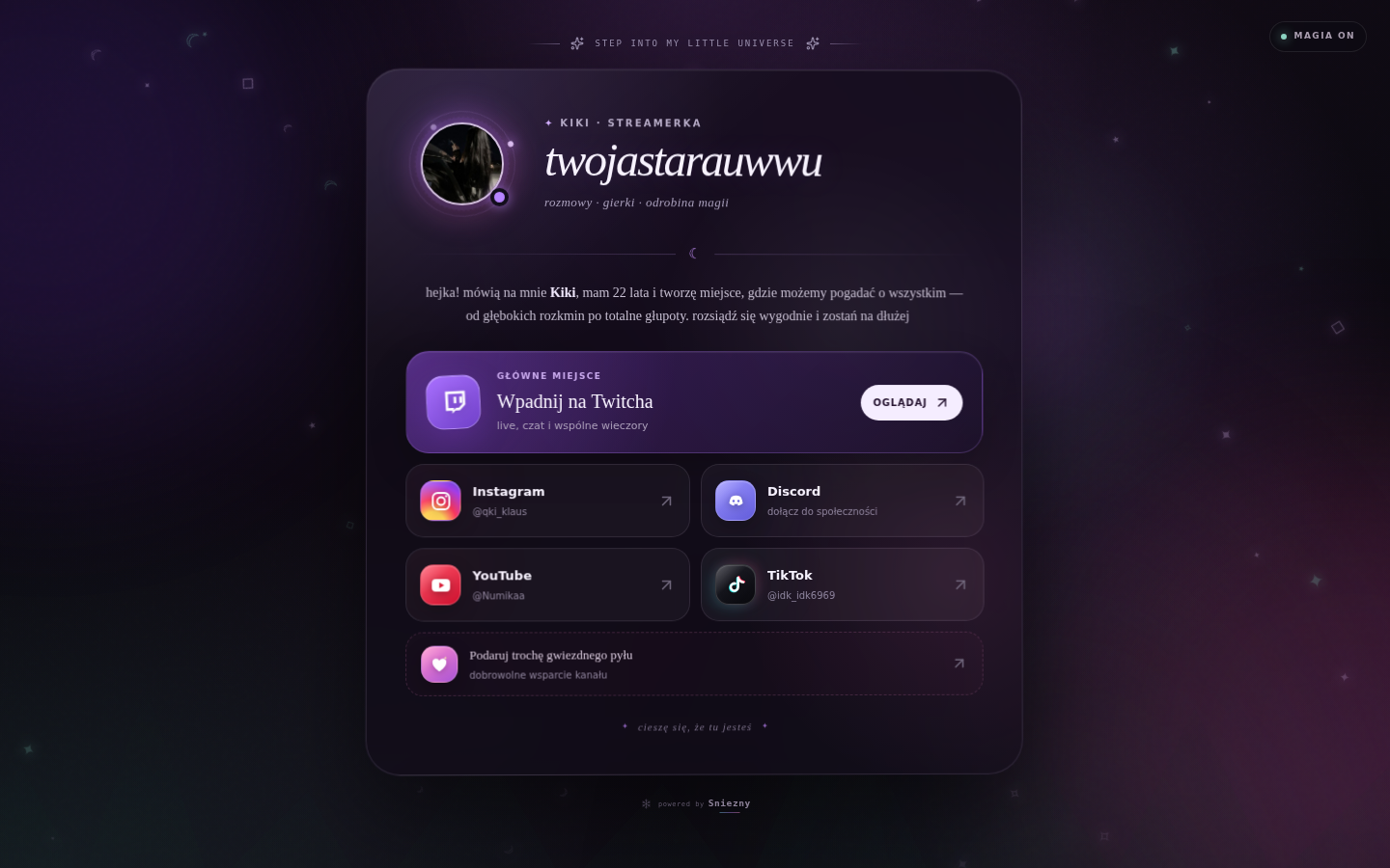 Podgląd magicznej bio-strony Qkiis